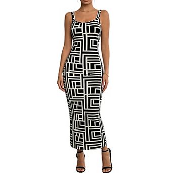 Women's Sleeveless Bodycon Midi Dress, Geometric Print Square Neck Tank Dress