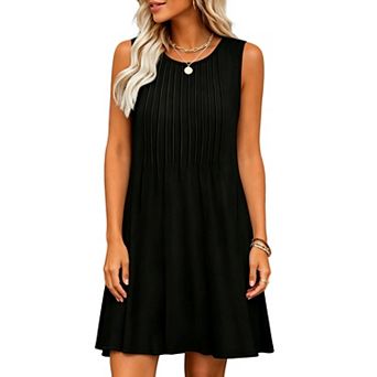 Women's Sleeveless Swing Dress, Round Neck Pleated Casual A-Line Mini Dress with Pockets