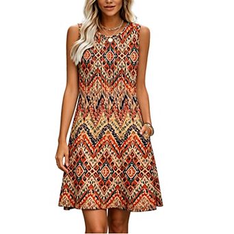 Women's Sleeveless Swing Dress, Round Neck Pleated Casual A-Line Mini Dress with Pockets