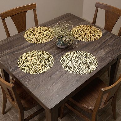 4 Set Round Geometric Cutout Placemats with Modern Floral Design 15in