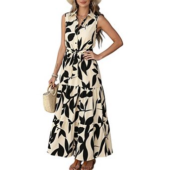 Women's Sleeveless Floral Maxi Dress, Collared Button Down Tiered Shirt Dress with Belt