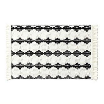 4 Set Woven Rectangular Placemats with Black Geometric Pattern and Fringe Edges 13x19.5 in