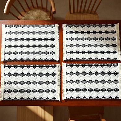 4 Set Woven Rectangular Placemats with Black Geometric Pattern and Fringe Edges 13x19.5 in