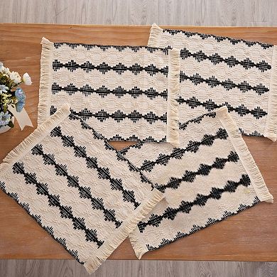 4 Set Woven Rectangular Placemats with Black Geometric Pattern and Fringe Edges 13x19.5 in
