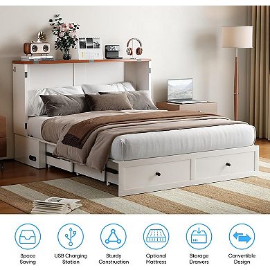 Mjkone Murphy Cube Bed with Tri-Fold Mattress, USB Charging & Storage Drawers