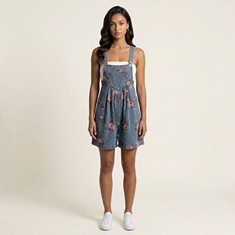 Women's Floral Denim Overall Romper Adjustable Strap Sleeveless Shortalls Loose Fit