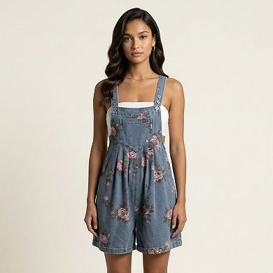 Women's Floral Denim Overall Romper Adjustable Strap Sleeveless Shortalls Loose Fit