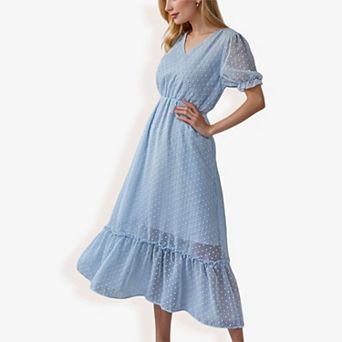 Women's Summer Swiss Dot Short Sleeve Dress High Waist V Neck Floral Print Flowy Maxi Dress