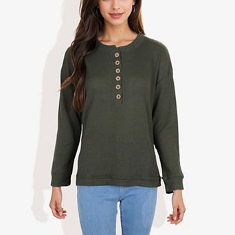 Women's Long Sleeve Henley Top with Button Placket and Ribbed Texture Casual Pullover