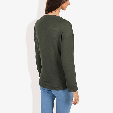 Women's Long Sleeve Henley Top with Button Placket and Ribbed Texture Casual Pullover
