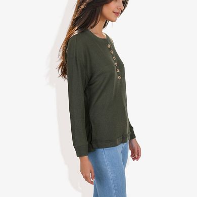 Women's Long Sleeve Henley Top with Button Placket and Ribbed Texture Casual Pullover