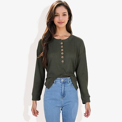 Women's Long Sleeve Henley Top with Button Placket and Ribbed Texture Casual Pullover
