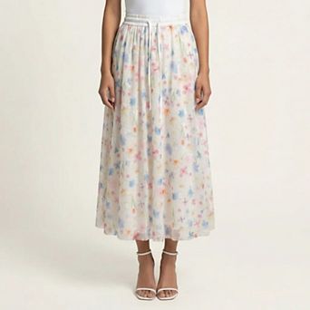 Women's Floral Midi Skirt Elastic Waist Flowy Lightweight Chiffon A Line Casual Skirt