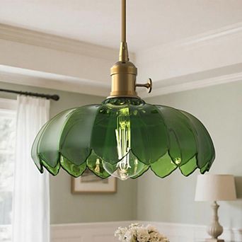 1-Light Brass Vintage Pendant With Green Glass Shade, Adjustable Hanging Fixture For Kitchen