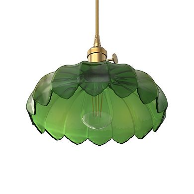 1-Light Brass Vintage Pendant With Green Glass Shade, Adjustable Hanging Fixture For Kitchen