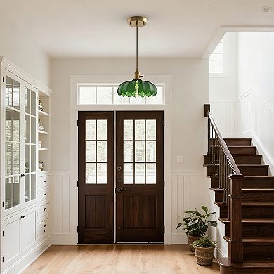 1-Light Brass Vintage Pendant With Green Glass Shade, Adjustable Hanging Fixture For Kitchen