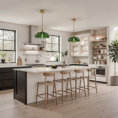 1-Light Brass Vintage Pendant With Green Glass Shade, Adjustable Hanging Fixture For Kitchen