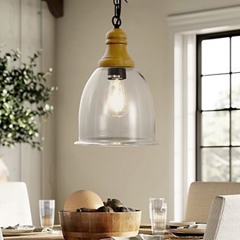 1-Light Wood Grain Farmhouse Pendant With Large Clear Glass Shade, E26 Base For Kitchen Island