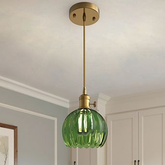 1-Light Gold Vintage Pendant With Tulip Green Glass Shade, Retro Fixture For Kitchen Dining Room