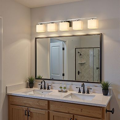 39.8 in 5-Light Chrome Transitional Vanity Light with White Glass Shade for Multi-Rooms
