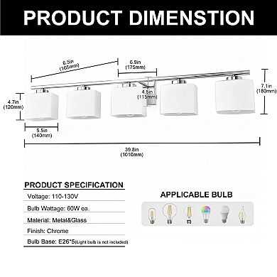 39.8 in 5-Light Chrome Transitional Vanity Light with White Glass Shade for Multi-Rooms