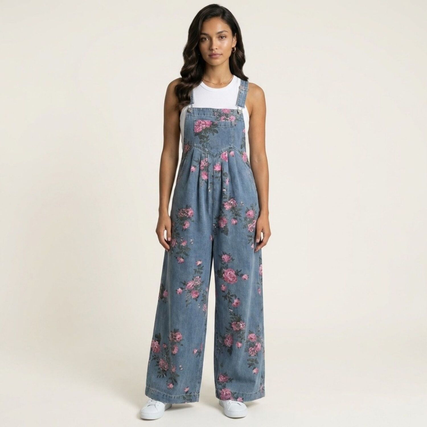 Женские комбинезоны Floral Denim Overall Jumpsuit Wide Leg Adjustable Strap Loose Fit Casual Overalls
