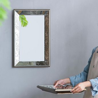 20" x 12" Antique Silver Rectangle Hanging Wall Mirror with Floral Accents, Mirrored Display Tray