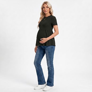 Women's Short Sleeve Rib Knit Peplum Maternity Top with Round Neck