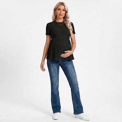 Women's Short Sleeve Rib Knit Peplum Maternity Top with Round Neck