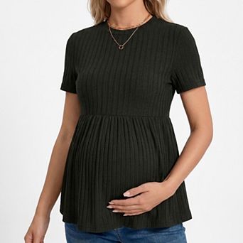 Women's Short Sleeve Rib Knit Peplum Maternity Top with Round Neck