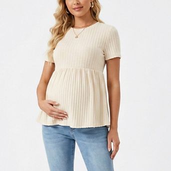 Women's Short Sleeve Rib Knit Peplum Maternity Top with Round Neck
