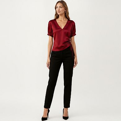 Women's Satin V Neck Blouse with Puff Sleeves and Side Ruched Drawstring