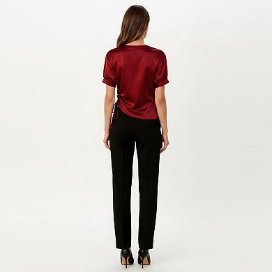 Women's Satin V Neck Blouse with Puff Sleeves and Side Ruched Drawstring