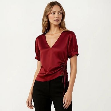 Women's Satin V Neck Blouse with Puff Sleeves and Side Ruched Drawstring