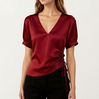 Women's Satin V Neck Blouse with Puff Sleeves and Side Ruched Drawstring