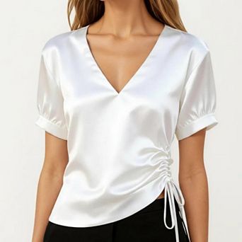 Women's Satin V Neck Blouse with Puff Sleeves and Side Ruched Drawstring