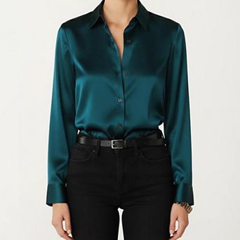 Women's Satin Button Down Blouse with Collared Neckline and Three Quarter Sleeves