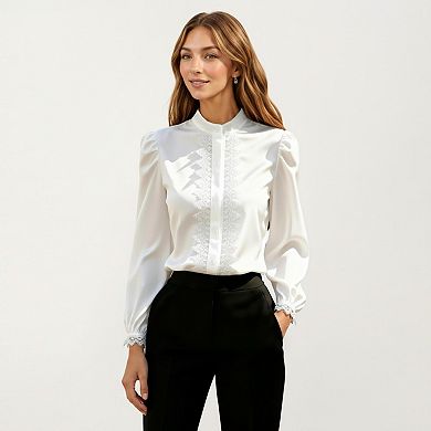 Women's Long Sleeve Blouse with Lace Trim Front and Puff Sleeve Cuffs