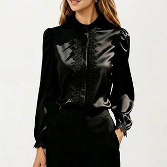 Women's Long Sleeve Blouse with Lace Trim Front and Puff Sleeve Cuffs