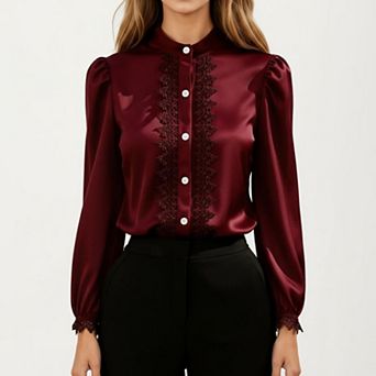 Women's Long Sleeve Blouse with Lace Trim Front and Puff Sleeve Cuffs