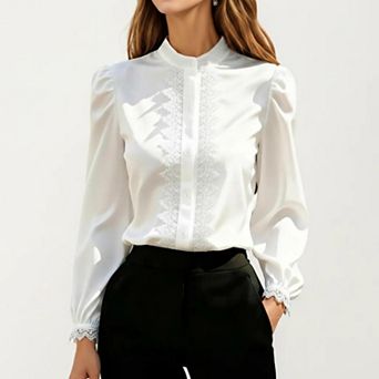 Women's Long Sleeve Blouse with Lace Trim Front and Puff Sleeve Cuffs