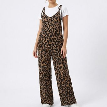 Women's Maternity Leopard Print Wide Leg Jumpsuit with Tie Shoulder Straps and Layered Tee Look