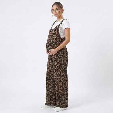Women's Maternity Leopard Print Wide Leg Jumpsuit with Tie Shoulder Straps and Layered Tee Look
