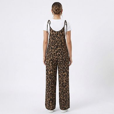 Women's Maternity Leopard Print Wide Leg Jumpsuit with Tie Shoulder Straps and Layered Tee Look