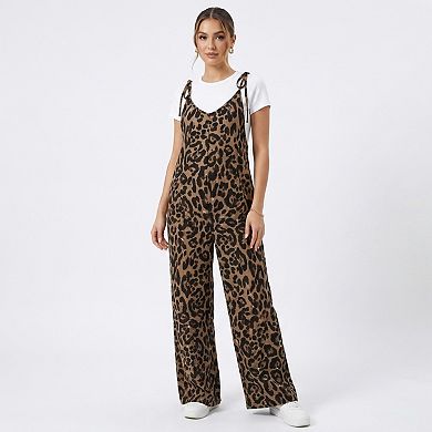 Women's Maternity Leopard Print Wide Leg Jumpsuit with Tie Shoulder Straps and Layered Tee Look