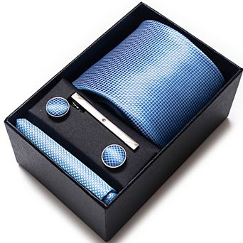 Men's Jacquard Woven Tie Set with Pocket Square Cufflinks and Tie Clip