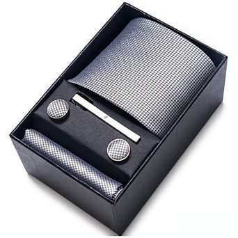 Men's Jacquard Woven Tie Set with Pocket Square Cufflinks and Tie Clip
