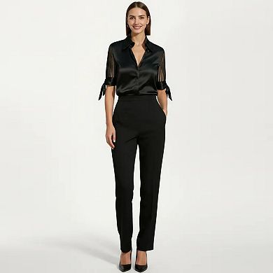 Women's Satin Collared Blouse with Sheer Stripe Sleeves and Bow Tie Cuffs