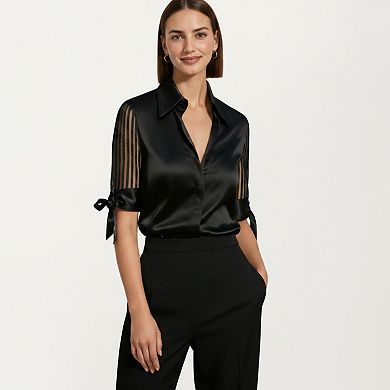 Women's Satin Collared Blouse with Sheer Stripe Sleeves and Bow Tie Cuffs