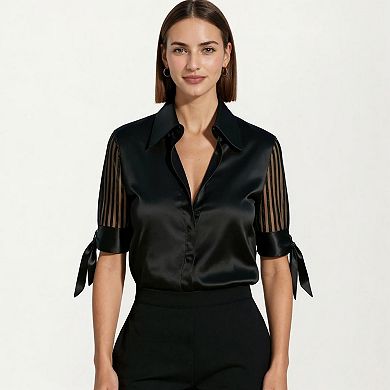 Women's Satin Collared Blouse with Sheer Stripe Sleeves and Bow Tie Cuffs